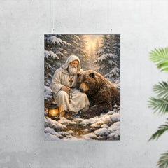 St Seraphim with bear in snowy forest poster 7