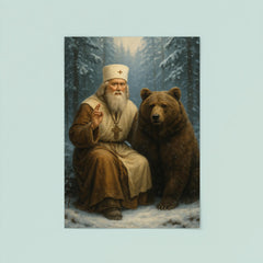 St Seraphim with bear in snowy forest poster 8