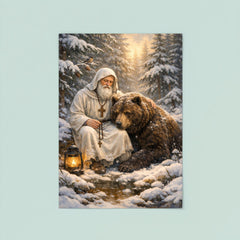 St Seraphim with bear in snowy forest poster 8