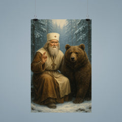 St Seraphim with bear in snowy forest poster 9