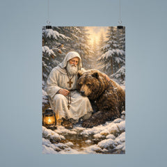St Seraphim with bear in snowy forest poster 9