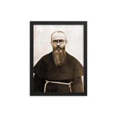 St. Maximilian Kolbe framed print on a plain backdrop in size 12"x16".