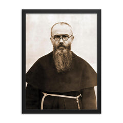 St. Maximilian Kolbe framed print on a plain backdrop in size 18"x24".