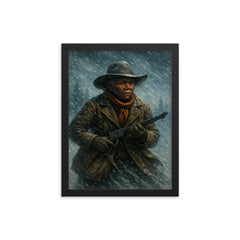 Stagecoach Mary Fields under Montana blizzard framed print on a plain backdrop in size 12"x16".