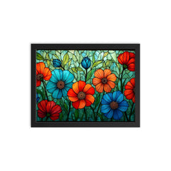 Stained glass window flowers framed print on a plain backdrop in size 12"x16".