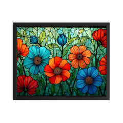 Stained glass window flowers framed print on a plain backdrop in size 16"x20".