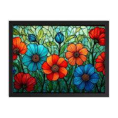 Stained glass window flowers framed print on a plain backdrop in size 18"x24".
