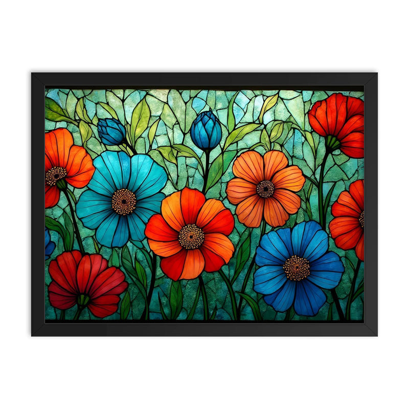 Stained glass window flowers framed print on a plain backdrop in size 18