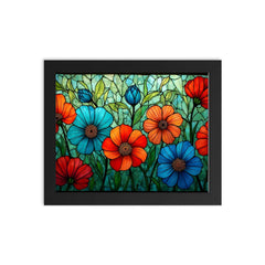 Stained glass window flowers framed print on a plain backdrop in size 8"x10".