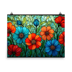 Stained glass window flowers poster on a plain backdrop in size 8"x10".