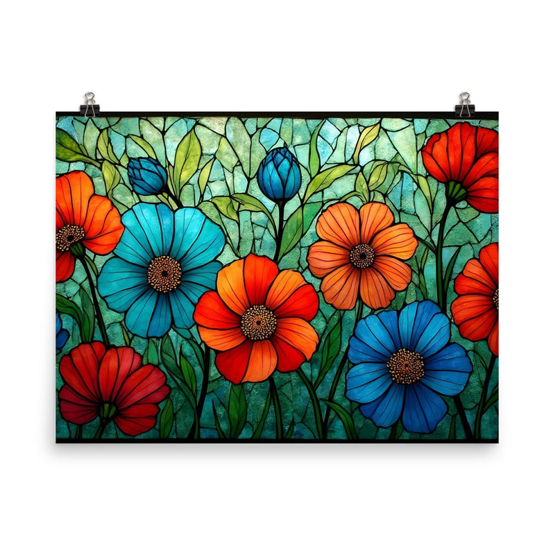 Stained glass window flowers poster on a plain backdrop in size 8