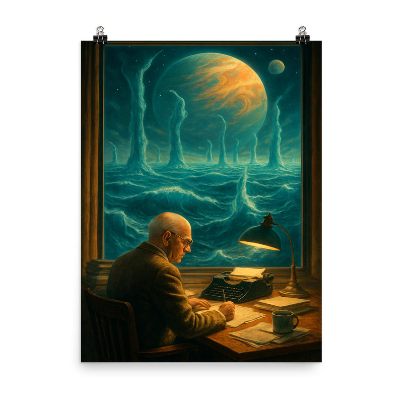 Stanislaw Lem at desk overlooking impossible alien ocean poster on a plain backdrop in size 8