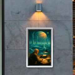 Stanislaw Lem at desk overlooking impossible alien ocean poster 2
