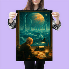 Stanislaw Lem at desk overlooking impossible alien ocean poster 3