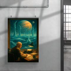 Stanislaw Lem at desk overlooking impossible alien ocean poster 4