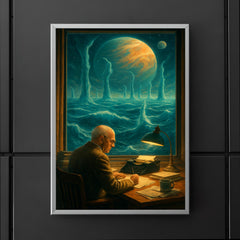 Stanislaw Lem at desk overlooking impossible alien ocean poster 5