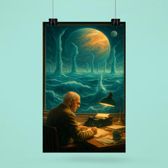 Stanislaw Lem at desk overlooking impossible alien ocean poster 6