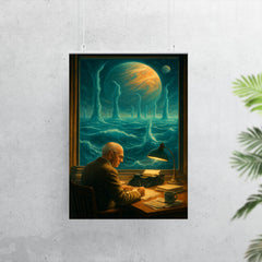 Stanislaw Lem at desk overlooking impossible alien ocean poster 7