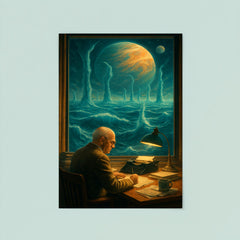 Stanislaw Lem at desk overlooking impossible alien ocean poster 8