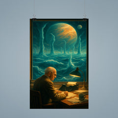 Stanislaw Lem at desk overlooking impossible alien ocean poster 9