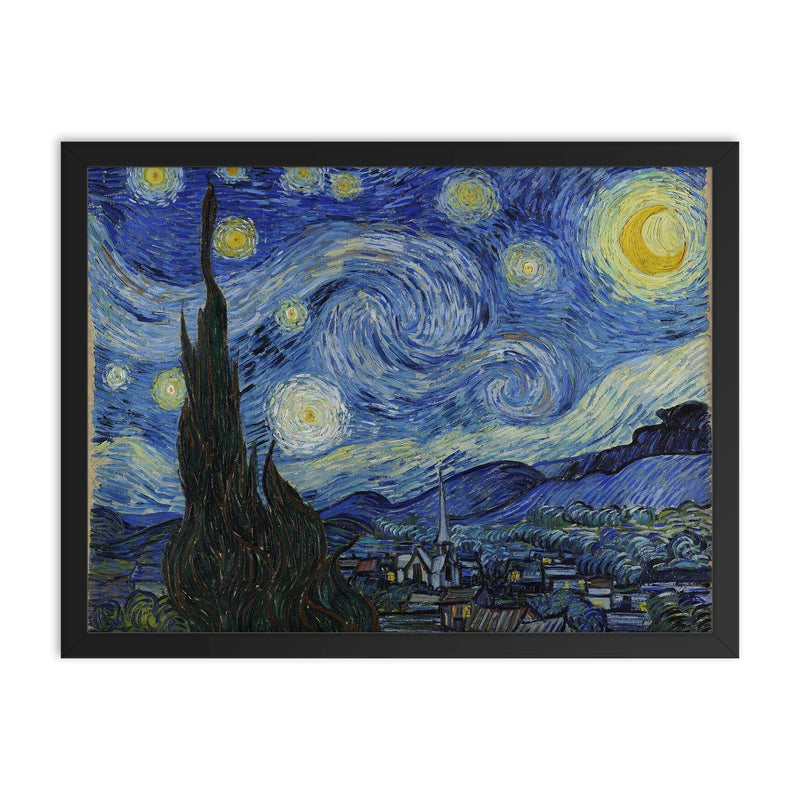Starry Night by Vincent van Gogh framed print on a plain backdrop in size 18