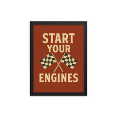 Start your engines distressed vintage racing dual flag design framed print on a plain backdrop in size 12"x16".