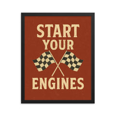 Start your engines distressed vintage racing dual flag design framed print on a plain backdrop in size 16"x20".
