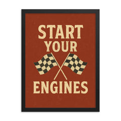 Start your engines distressed vintage racing dual flag design framed print on a plain backdrop in size 18"x24".