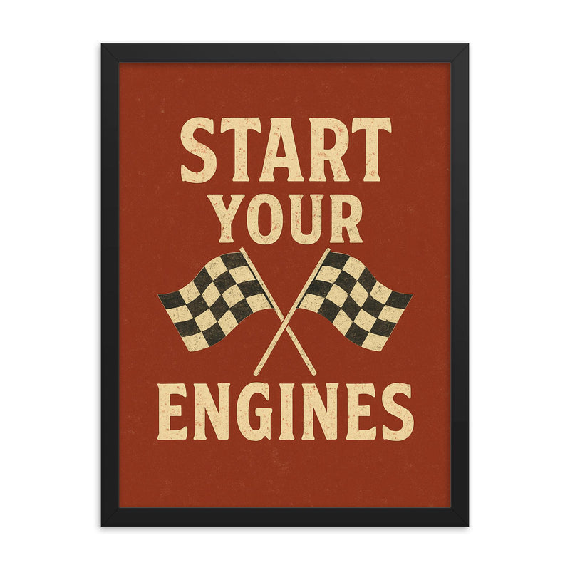 Start your engines distressed vintage racing dual flag design framed print on a plain backdrop in size 18