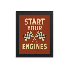 Start your engines distressed vintage racing dual flag design framed print on a plain backdrop in size 8"x10".