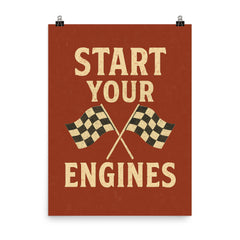 Start your engines distressed vintage racing dual flag design poster on a plain backdrop in size 8"x10".