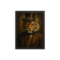 Steampunk style portrait of a tiger wearing a dapper Victorian suit and a top hat framed print on a plain backdrop in size 12"x16".