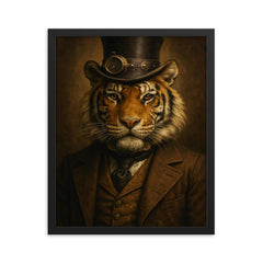 Steampunk style portrait of a tiger wearing a dapper Victorian suit and a top hat framed print on a plain backdrop in size 16"x20".