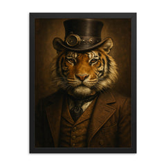 Steampunk style portrait of a tiger wearing a dapper Victorian suit and a top hat framed print on a plain backdrop in size 18"x24".