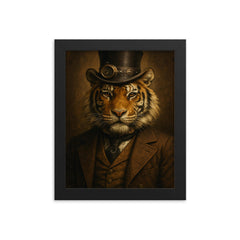 Steampunk style portrait of a tiger wearing a dapper Victorian suit and a top hat framed print on a plain backdrop in size 8"x10".