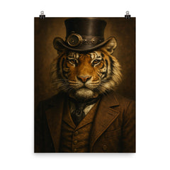 Steampunk style portrait of a tiger wearing a dapper Victorian suit and a top hat poster on a plain backdrop in size 8"x10".