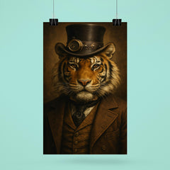 Steampunk style portrait of a tiger wearing a dapper Victorian suit and a top hat poster 6