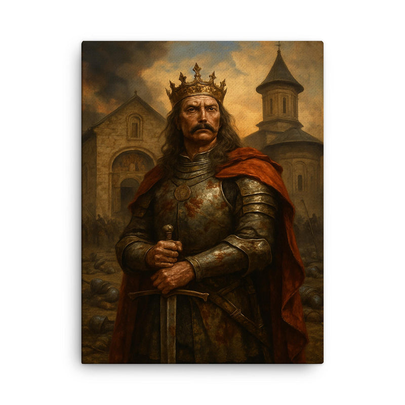 Stefan cel Mare at monastery after battle canvas print on a plain backdrop in size 18