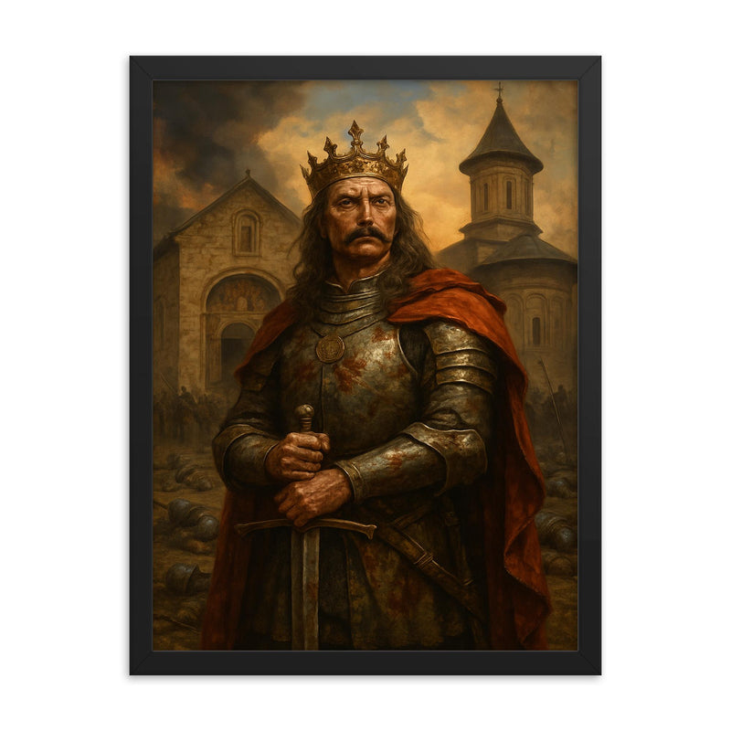 Stefan cel Mare at monastery after battle framed print on a plain backdrop in size 18