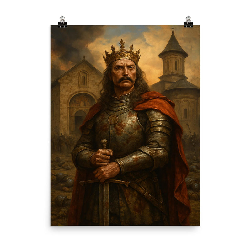 Stefan cel Mare at monastery after battle poster on a plain backdrop in size 8
