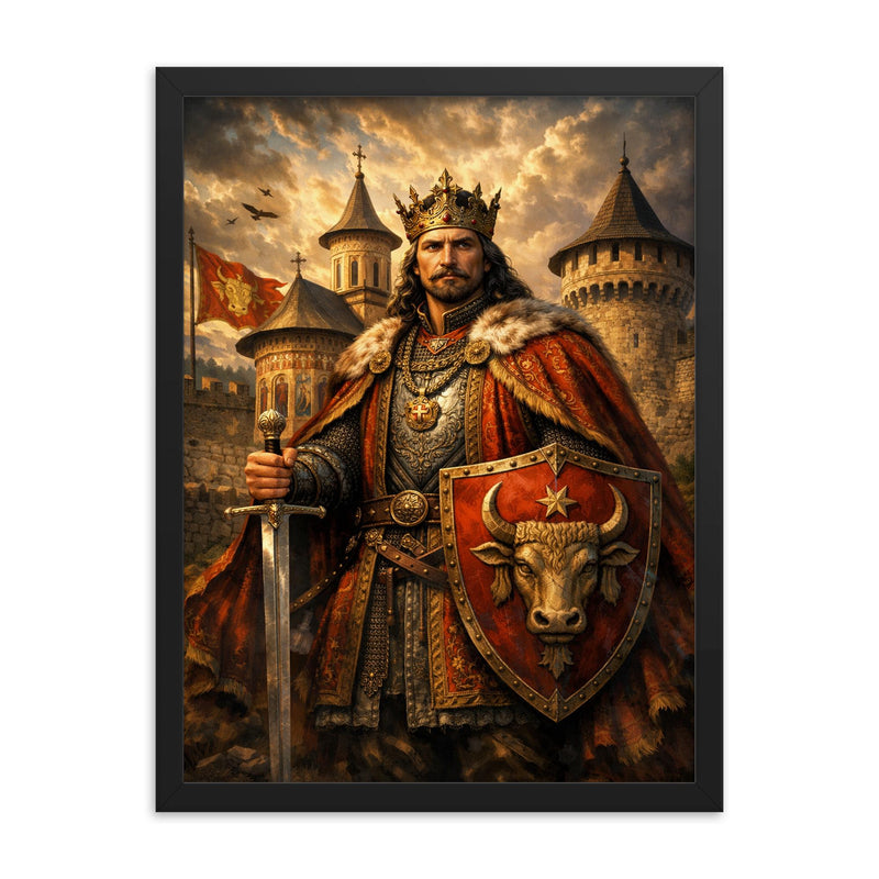 Stefan cel Mare at monastery walls framed print on a plain backdrop in size 18