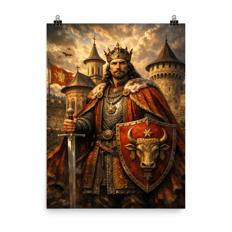 Stefan cel Mare at monastery walls poster on a plain backdrop in size 8