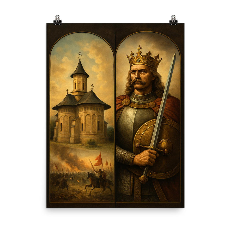 Stefan Cel Mare monastery and battlefield diptych poster on a plain backdrop in size 8