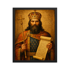 Stefan Dušan imperial law code portrait framed print on a plain backdrop in size 16"x20".