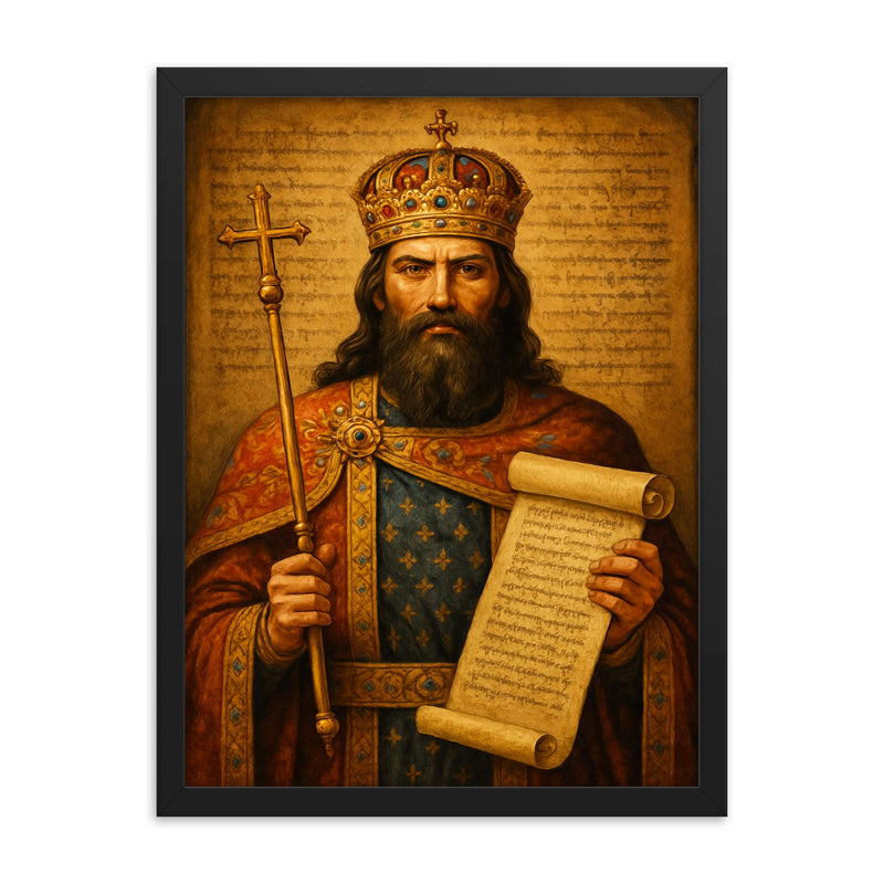 Stefan Dušan imperial law code portrait framed print on a plain backdrop in size 18