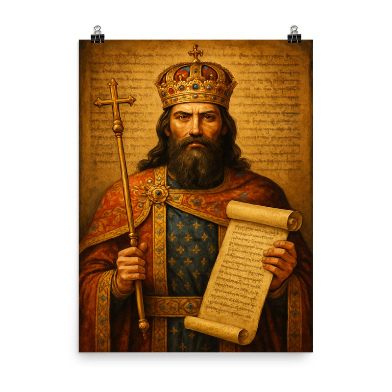 Stefan Dušan imperial law code portrait poster on a plain backdrop in size 8