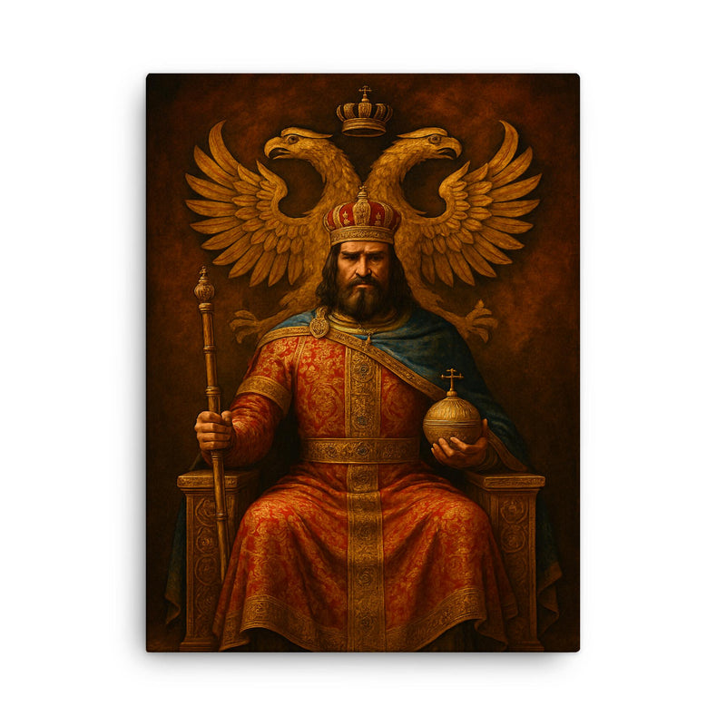 Stefan Dusan enthroned under double headed eagle canvas print on a plain backdrop in size 18
