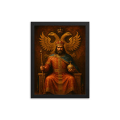 Stefan Dusan enthroned under double headed eagle framed print on a plain backdrop in size 12"x16".