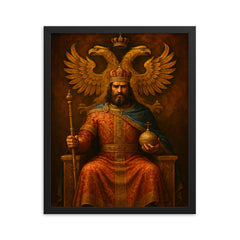 Stefan Dusan enthroned under double headed eagle framed print on a plain backdrop in size 16"x20".