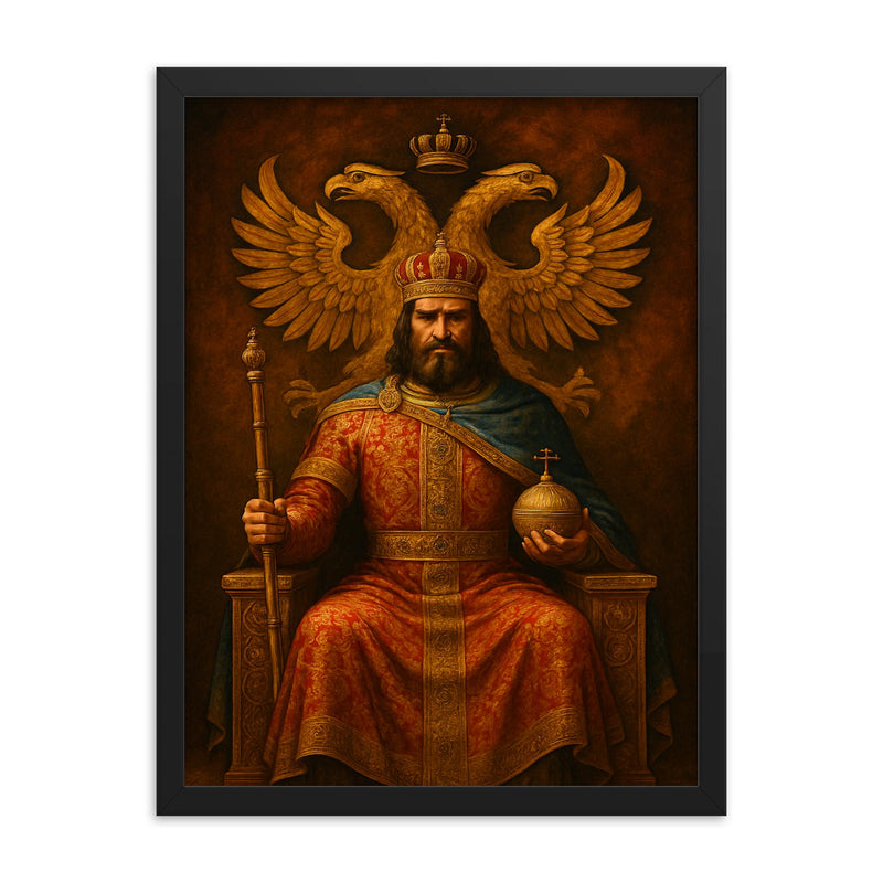 Stefan Dusan enthroned under double headed eagle framed print on a plain backdrop in size 18